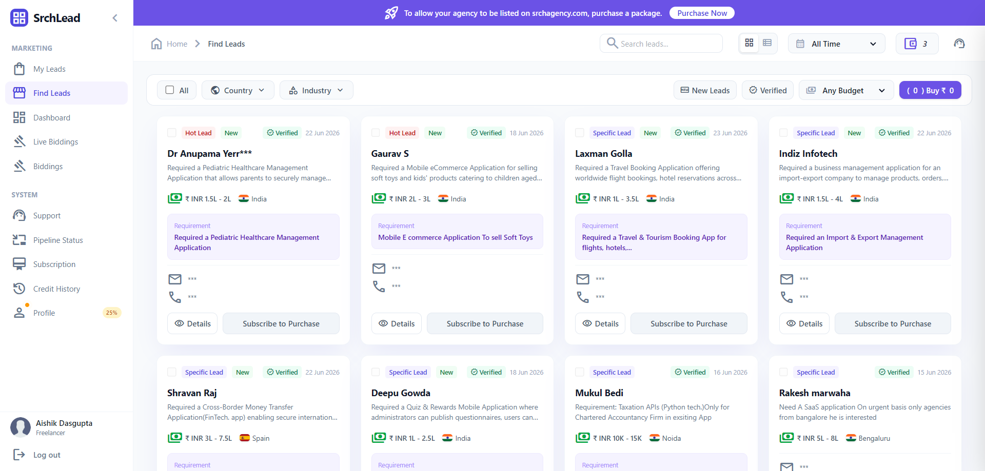 Find leads marketplace with requirement-tagged cards